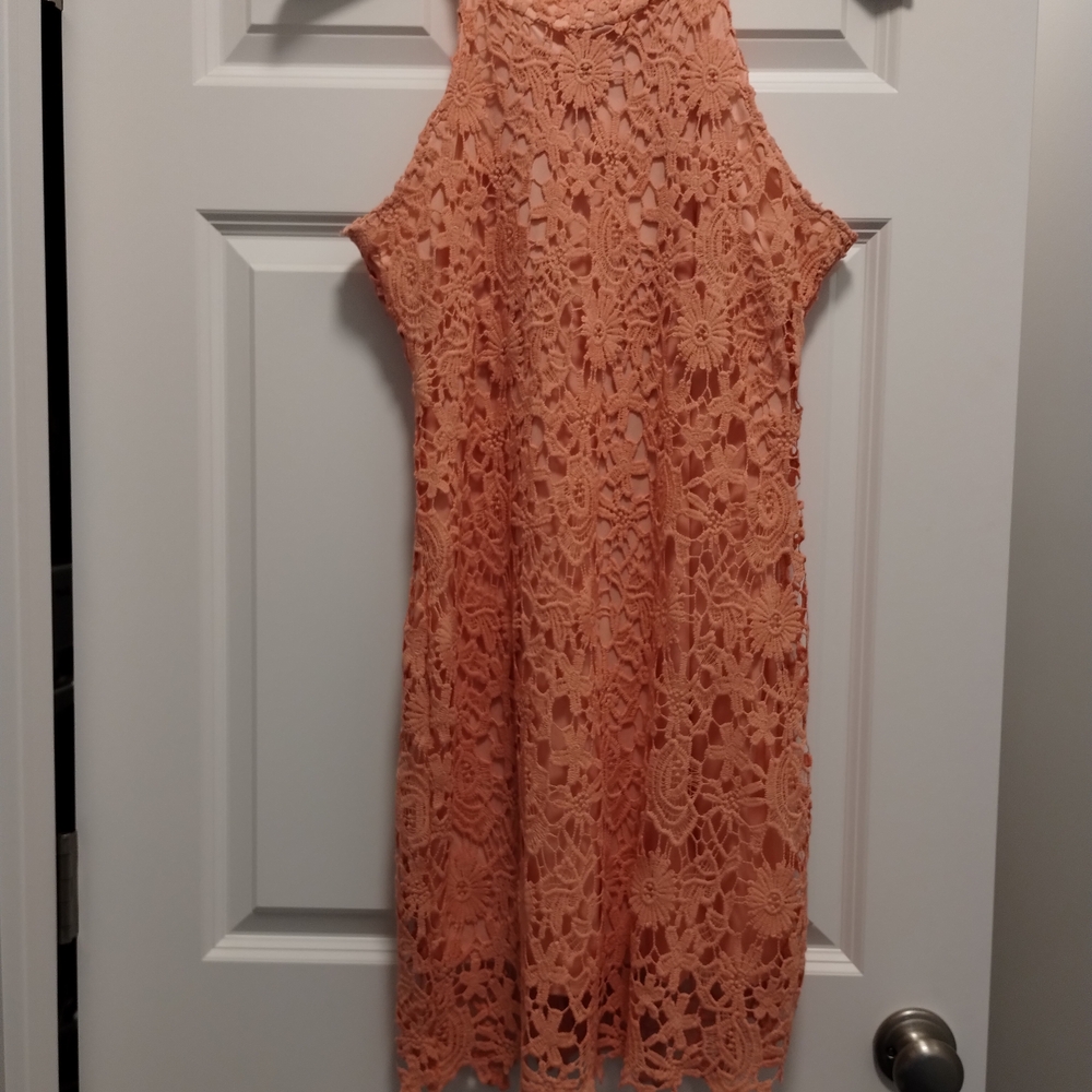 Leo Rossi Elegant Lace Halter Dress in Coral